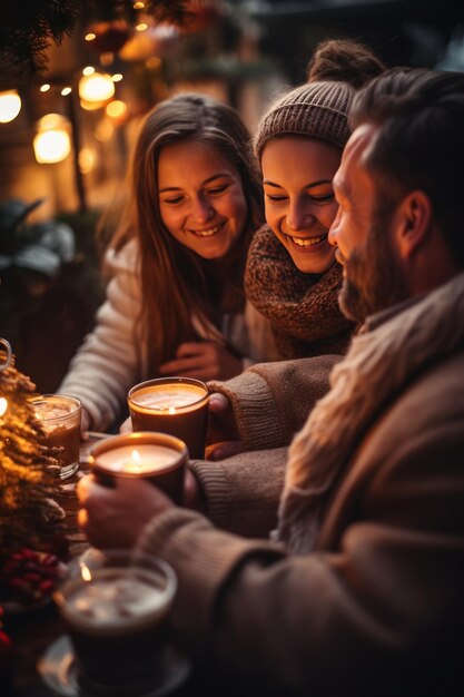 Familia feliz bebiendo chocolate caliente en invierno