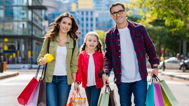 Familia feliz con bolsas de compras