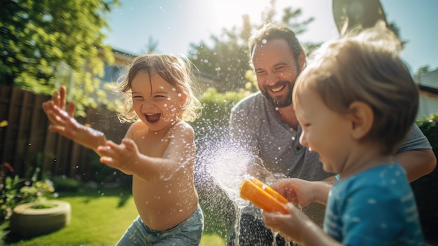 Família feliz brincando com uma pistola de água no jardim da frente em uma tarde quente de verão