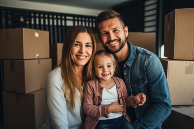 Foto familia feliz con cajas de cartón en la nueva casa el día de la mudanza