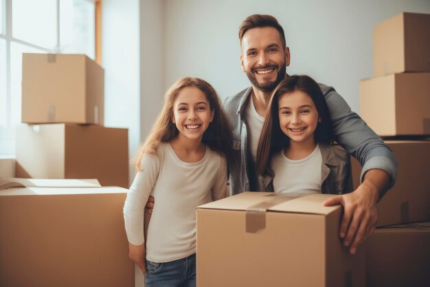 Familia feliz con cajas de cartón en su nueva casa el día de la mudanza