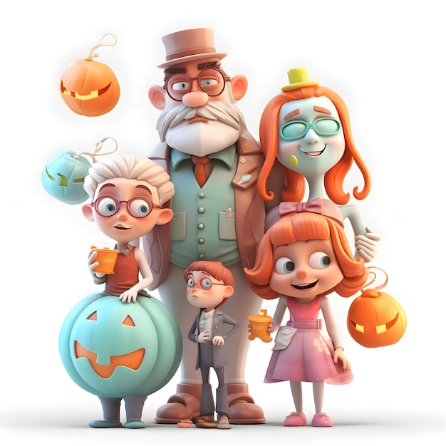 Familia feliz con calabazas sobre fondo blanco ilustración 3D