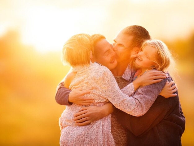 Foto una familia feliz en un cálido abrazo iluminada por los rayos dorados del sol poniente