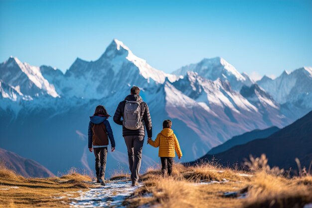 La familia feliz camina por las montañas con unas vistas impresionantes durante las vacaciones