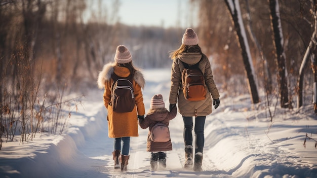 Familia feliz caminando en el bosque de invierno Detrás de la madre y los niños en una caminata