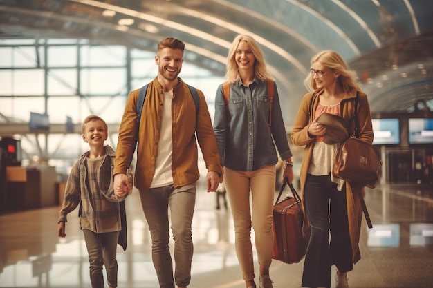 Familia feliz caminando juntos dentro del aeropuerto Nuevas aventuras hechas con IA generativa