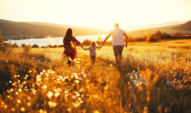 Foto familia feliz caminando juntos en el prado de verano en la suave luz del atardecer