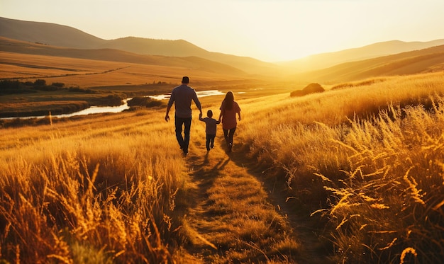 Foto familia feliz caminando juntos en el prado de verano en la suave luz del atardecer