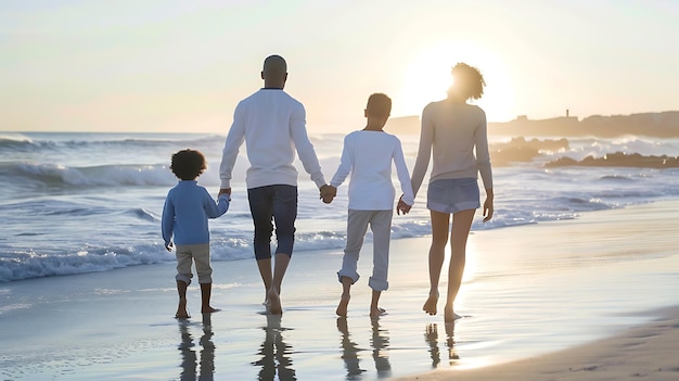 Familia feliz caminando por la playa al atardecer Los padres se toman de la mano con sus dos hijos