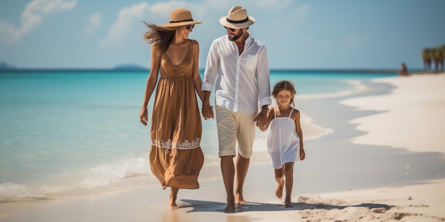 Foto familia feliz caminando por la playa tropical padre madre e hijos divirtiéndose en las vacaciones de verano