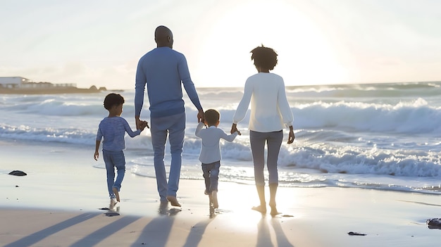 Família feliz caminhando na praia de mãos dadas ao pôr-do-sol Pais com dois filhos desfrutando de um dia à beira-mar