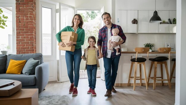 Família feliz carregando móveis em sua nova casa