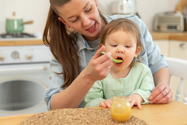 Familia feliz en casa Madre alimentando a su bebé con una cuchara en la cocina Niño pequeño con cara graciosa y desordenada come alimentos saludables en casa Mujer joven madre dando comida a su hija