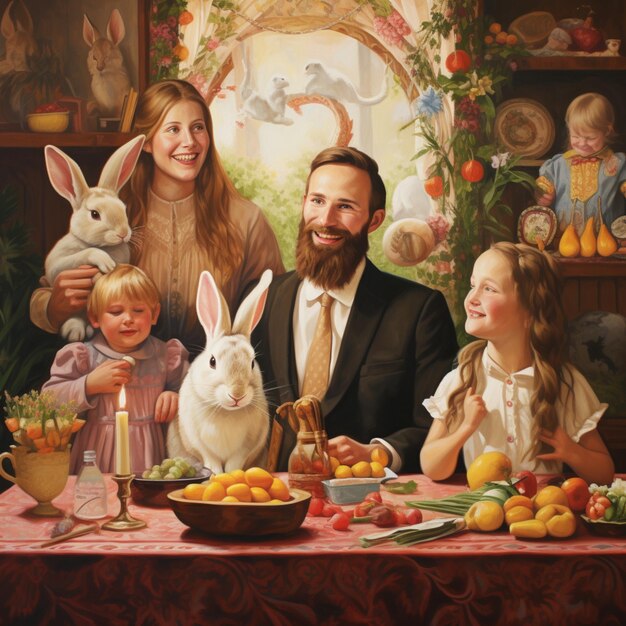 una familia feliz celebra la Pascua con conejos