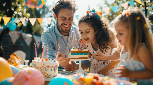 Foto una familia feliz está celebrando una fiesta de cumpleaños en su patio trasero el padre está ayudando a su hija a soplar las velas en su pastel de aniversario