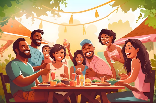 Familia feliz celebrando en la fiesta de verano al aire libre Grupo de personas de diferentes edades y etnias