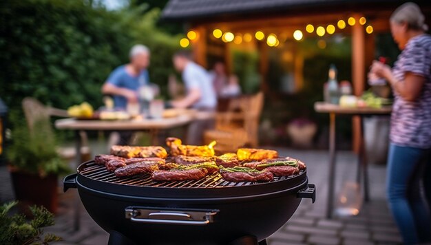 Familia feliz cenando y degustando copas de vino tinto en la cena de barbacoa Personas con diferentes