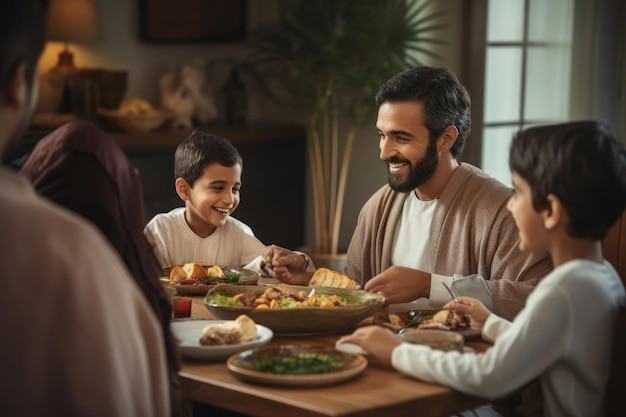 Familia feliz cenando juntos en casa Padre madre e hijos comiendo comida saludable Hombre árabe guapo hablando con una alegre familia musulmana multicultural durante la cena Generado por IA