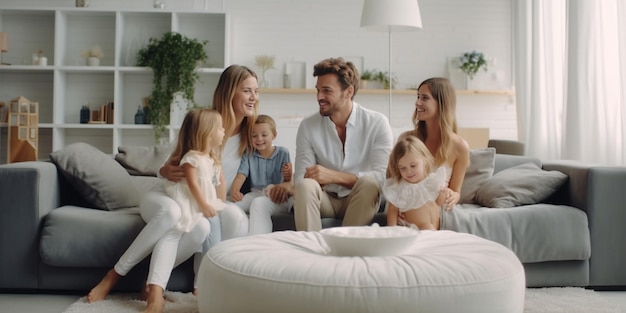 Familia feliz de cinco personas sentadas en el sofá entre cajas contra grandes ventanas y sonriendo IA generativa