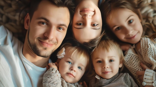 Una familia feliz de cinco personas tendida en el suelo y mirando a la cámara.