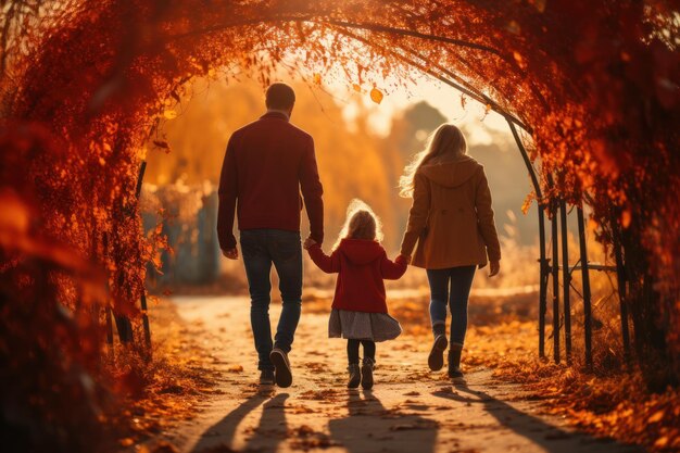 Una familia feliz cogida de la mano al atardecer creada con IA generativa