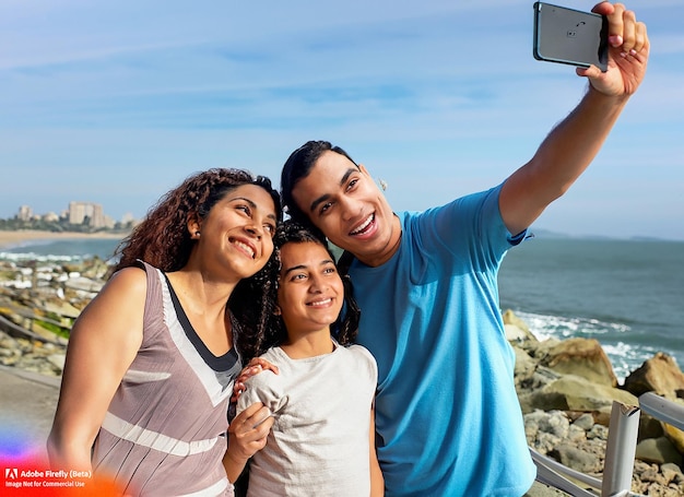 Família feliz colombiana tirando selfie Foto Premium