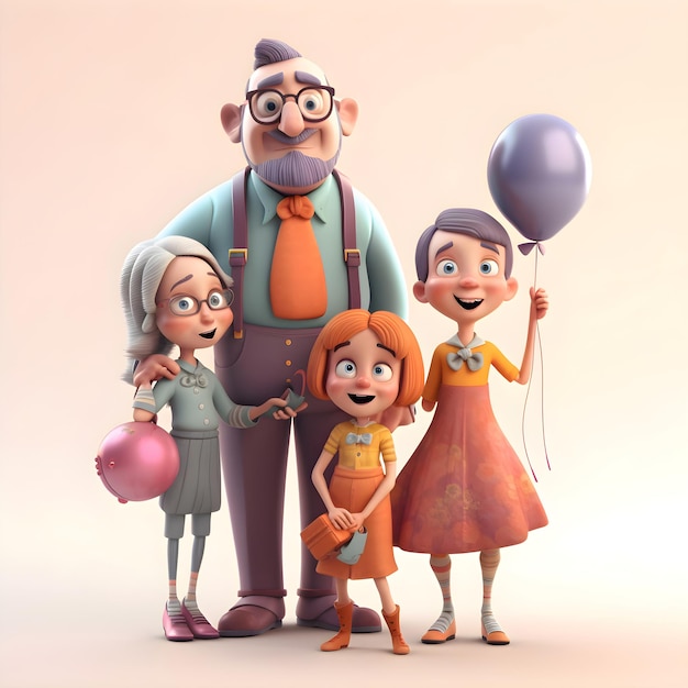 Família feliz com balões ilustração 3D estilo cartoon isolado