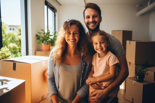 Foto família feliz com caixas de papelão na nova casa no dia da mudança