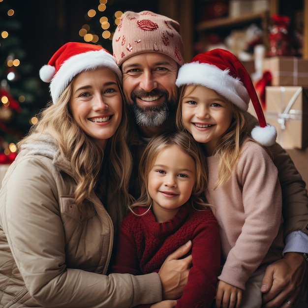 Família feliz com chapéus de Papai Noel com presentes e decorações