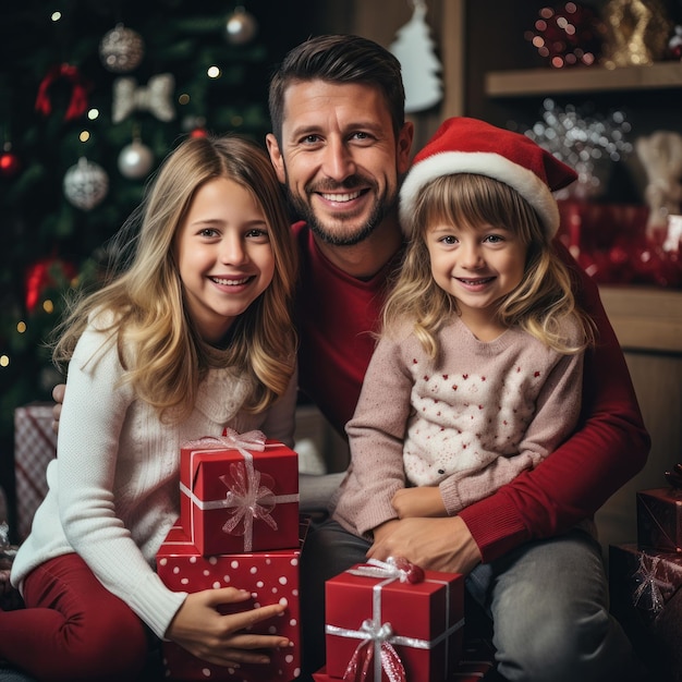 Família feliz com chapéus de Papai Noel com presentes e decorações