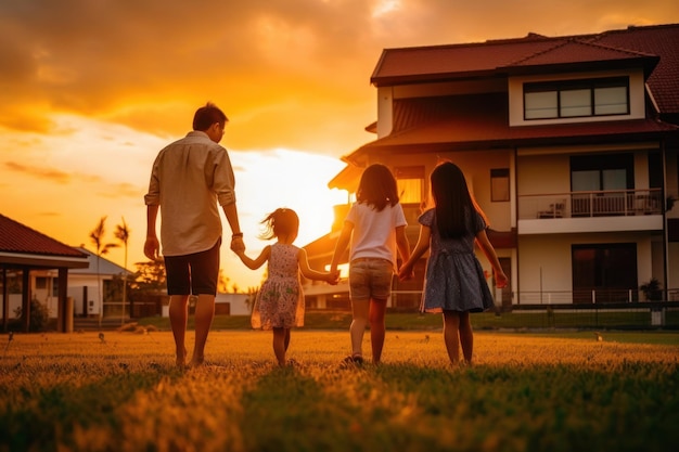 Família feliz com crianças brincando ao pôr-do-sol