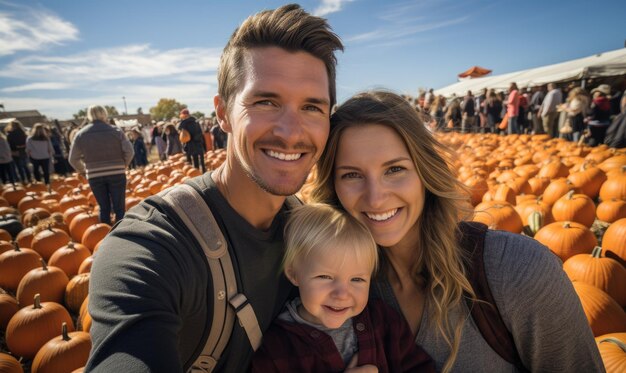 Família feliz com filho menino em um campo de abóboras tirando selfie Bebê sorridente escolhe abóbora com os pais no mercado de fazenda para Halloween ou Dia de Ação de Graças