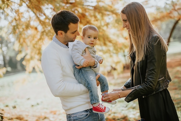 Família feliz, com, menino bebê, em, outono, parque