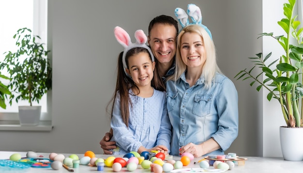 família feliz com ovos de páscoa. Família feliz se preparando para a Páscoa.