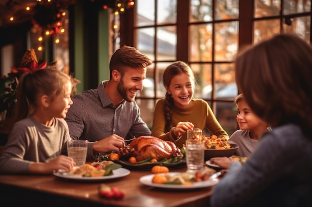 Família feliz comemorando o jantar de Ação de Graças em casa Noite pacífica de harmonia passada com crianças