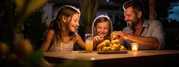 Foto família feliz comendo juntos ao ar livre família de geração sorridente sentada à mesa durante o jantar