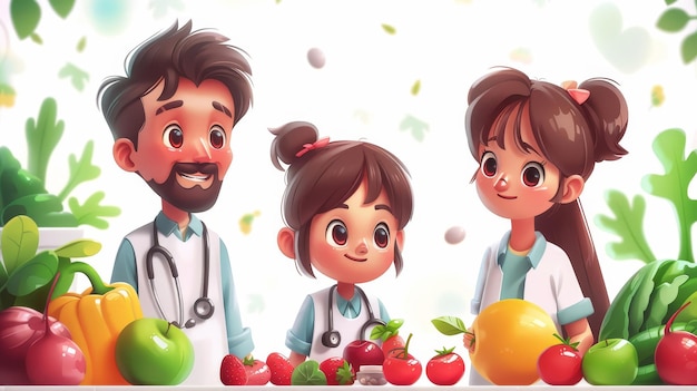 Familia feliz con comida saludable Doctor enfermera y niño concepto del Día Mundial de la Salud