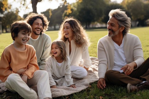 Una familia feliz comparte con los niños un picnic al atardecer al aire libre