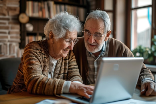 Familia feliz en la computadora portátil sonriendo ancianos anciano hombre y mujer marido y mujer