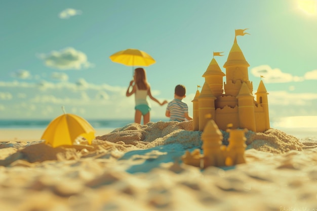 Familia feliz construyendo castillos de arena en una playa soleada