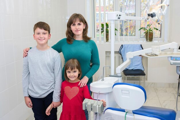 Una familia feliz en el consultorio de un dentista Medicina odontología y atención médica