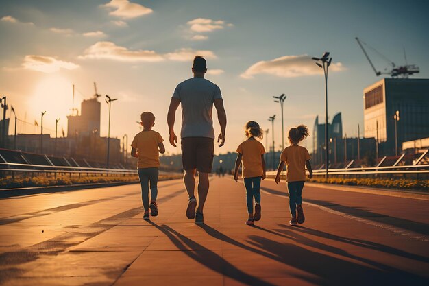 Foto família feliz correndo juntos pela manhã família correndo ao ar livre