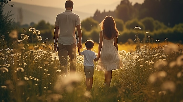 Familia feliz corriendo por el campo Papá mamá y dos hijas Foto de alta calidad