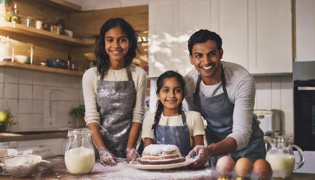 família feliz cozinhando um bolo