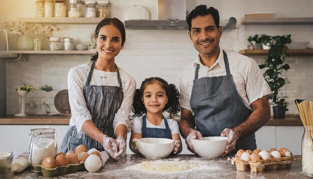 família feliz cozinhando um bolo