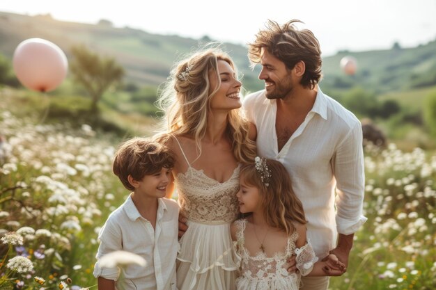 Familia feliz de cuatro en un campo de flores