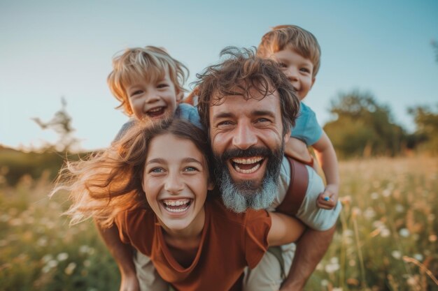 Familia feliz de cuatro en un campo de flores