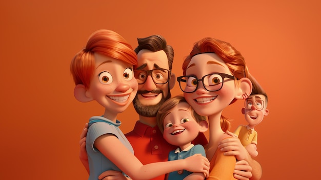 Familia feliz de cuatro mamá padre hijo e hija aislados en fondo naranja renderización 3D