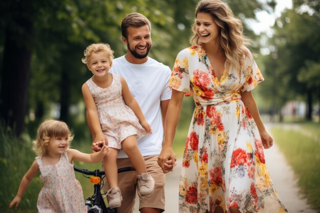 Una familia feliz de cuatro personas caminando por el parque.