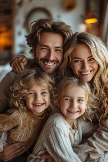 Una familia feliz de cuatro personas sonriendo juntas.